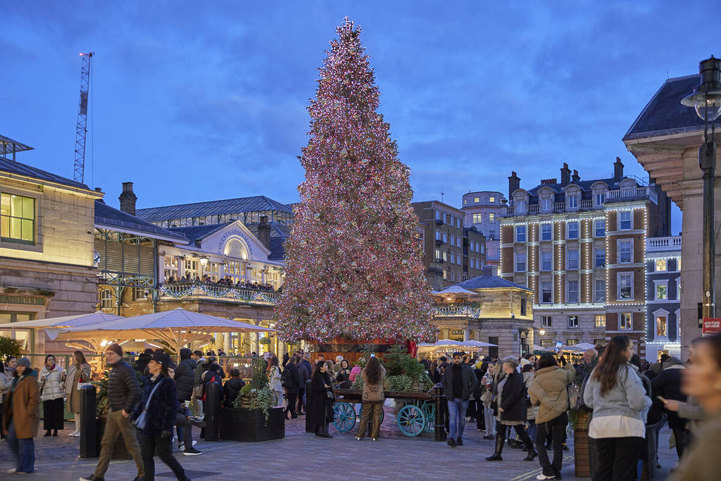 a christmas tree standing tall above the visitors to covent garden in the early evening