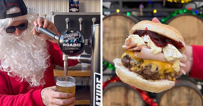 a split screen image showing someone dressed as Santa Claus pouring a beer and a behemoth of a christmassy burger with turkey and canberry sauce