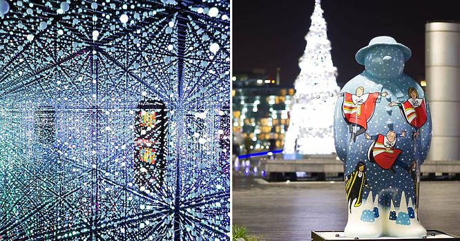 the mirrored room at Bubble Planet (left), a snowman sculpture in front of an illuminated Christmas tree (right)