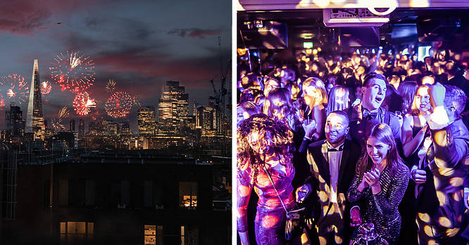 NYE fireworks happening over London's skyline (left), a group of people at a New Year's Eve party (right)