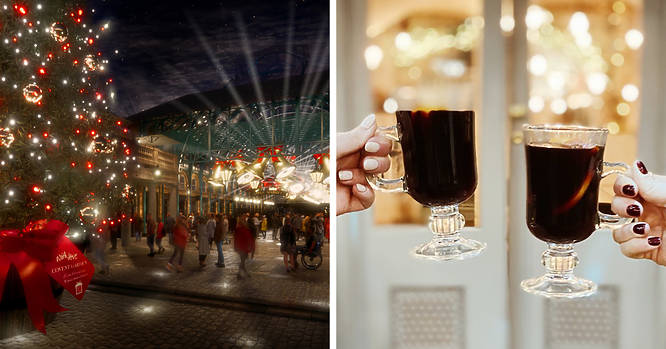 Covent Garden winter markets (left) beside an image of two glasses of mulled wine (right)