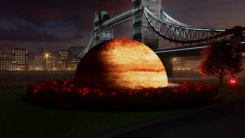a spherical planet installation in front of Tower Bridge