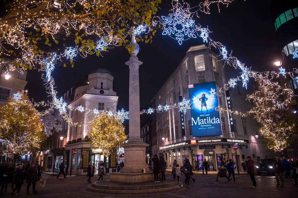 Incredible Christmas lights adorning the Cambridge Theatre showing Matilda – one of the best London theatre shows showing this festive period