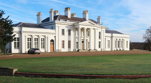 The beautiful marble-style exterior of Hylands House which doubles as The White House in The Crown 
