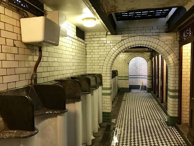 Listed Victorian male public toilets with marble and tiling at South End Green, Hampstead Heath 
