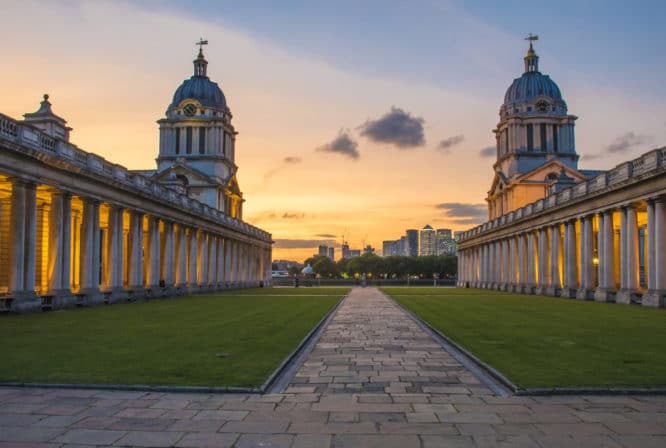 The Old Royal Naval College at sunset in Greenwich, one of various different filming locations in London