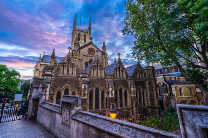 Southwark Cathedral with a sunset sky