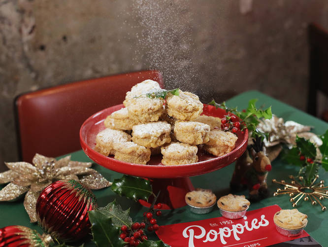 A lovely plate of dusted and deep fried mince pies at Poppies Soho in London 
